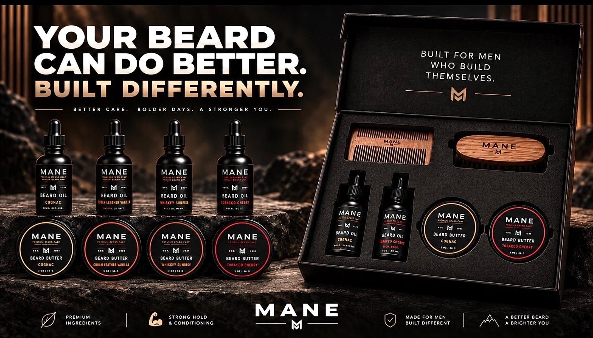MANE beard oil and beard butter lineup, and the premium gifting kit with comb and brush