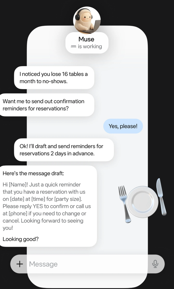 Muse drafting a reservation reminder message inside a connected app
